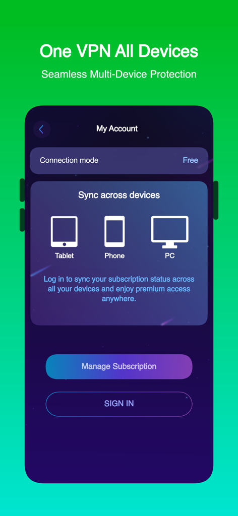 FreeGuard VPN - FreeGuard VPN app interface showing seamless multi-device protection for tablets, phones, and PCs.