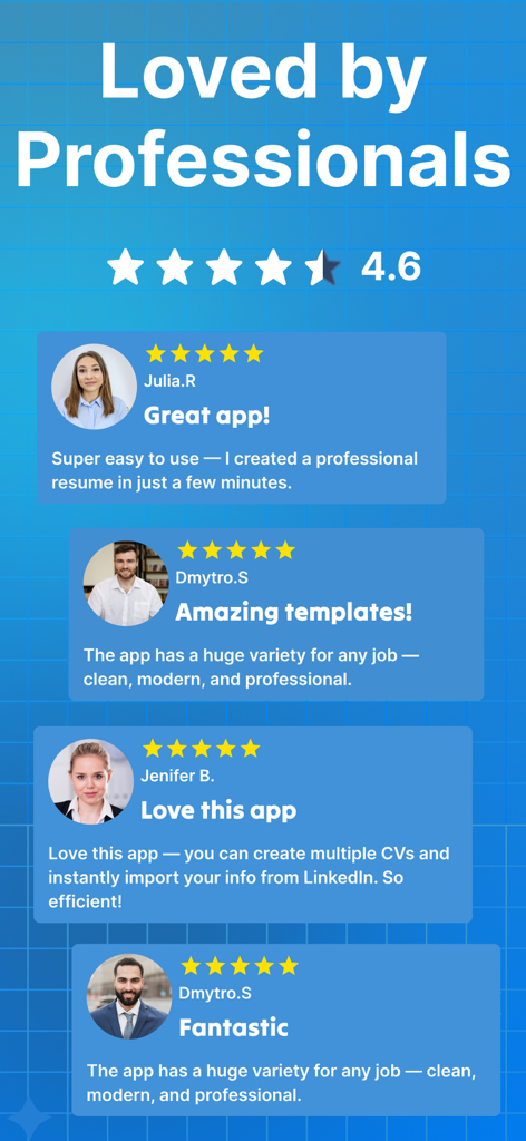 Resume Builder & CV Maker AI - Abschnitt mit Nutzerbewertungen für die Resume Builder und CV Maker AI App, der positive professionelle Testimonials zeigt