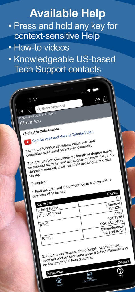 Measure Master Pro Calculator - Smartphone displaying the help section of Measure Master Pro with circle and arc calculation guides.