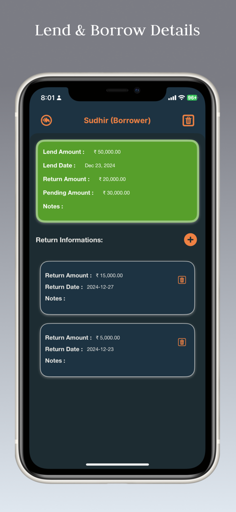 Schermata dei dettagli di prestito e affidamento nell'app Daily Spend che mostra un record di prestito con cronologia dei pagamenti e saldo in sospeso.