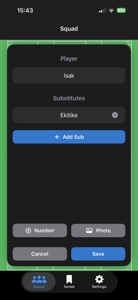 Squad11 - Lineup Builder - Interface for editing player names and adding substitutes in the Squad11 soccer lineup builder app