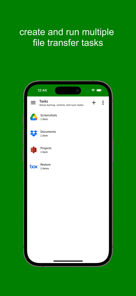 Interfaz móvil de la aplicación Sync que muestra una lista de tareas de transferencia de archivos para Google Drive, Dropbox y Amazon S3.