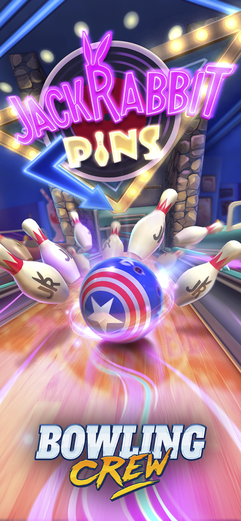 Bowling Crew — 3D Sport Game - 네온 불빛의 Jack Rabbit Pins 볼링장에서 핀을 치는 애국적인 볼링공