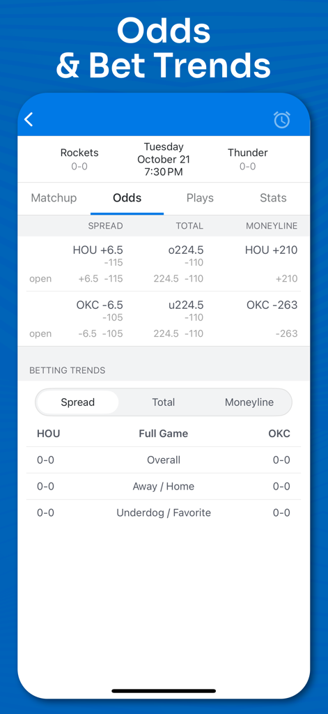 Superfan Sports Pro Basketball - NBA betting odds and trends for a basketball game matchup in the Superfan Sports app.
