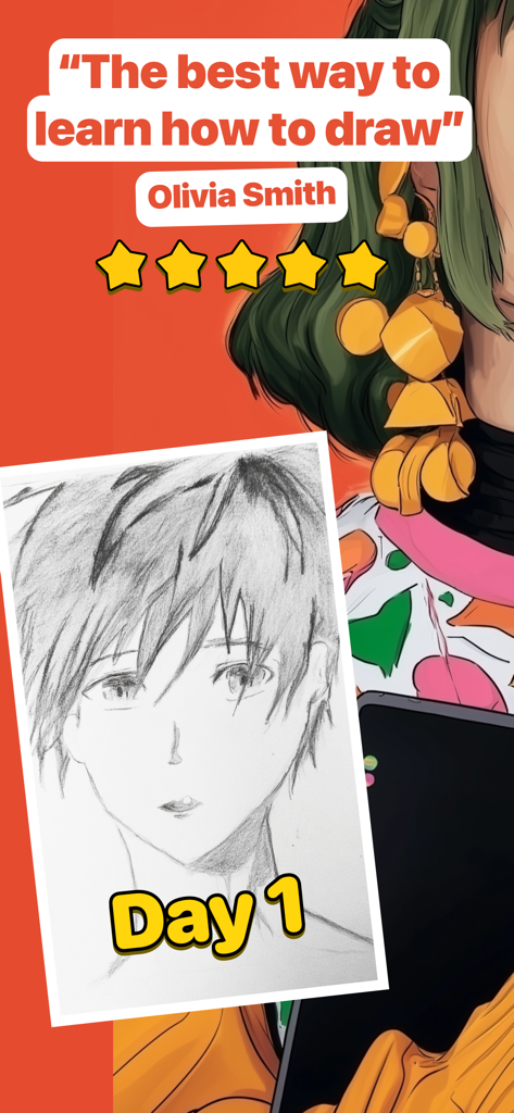 Dro: Learn How to Draw & Focus - A 5-star user review for Dro drawing app showing a Day 1 pencil sketch