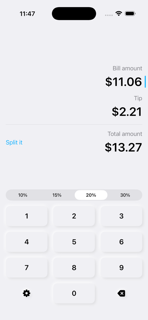 Tip — Gratuity Calculator - Interfaz de la aplicación Tip mostrando un cálculo de cuenta de once dólares y seis centavos con una propina del veinte por ciento seleccionada