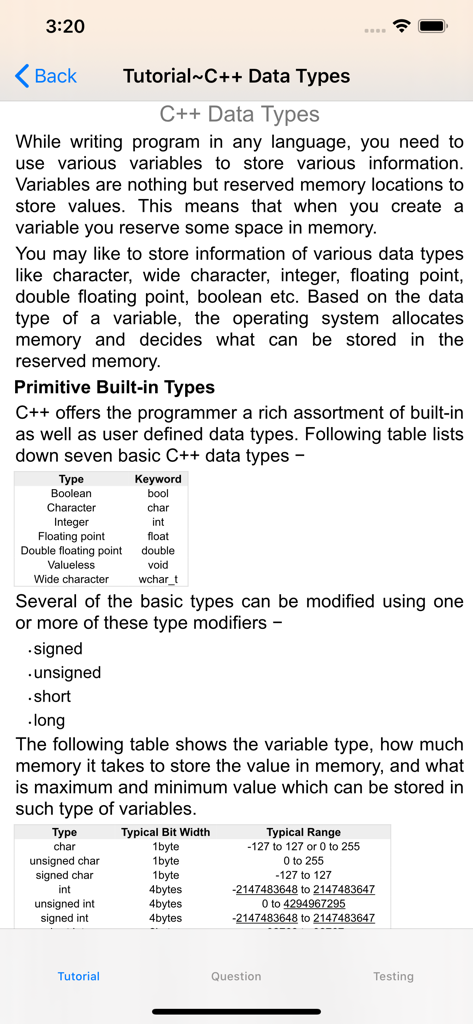 Écran d'application mobile montrant une leçon sur les types de données C++ avec des tableaux pour les types primitifs et les plages de mémoire.