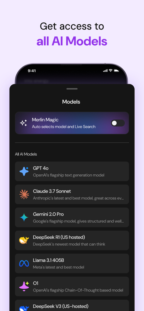 Merlin AI: AI Chat Assistant - Merlin AI app screen listing various AI models including GPT-4o and Claude
