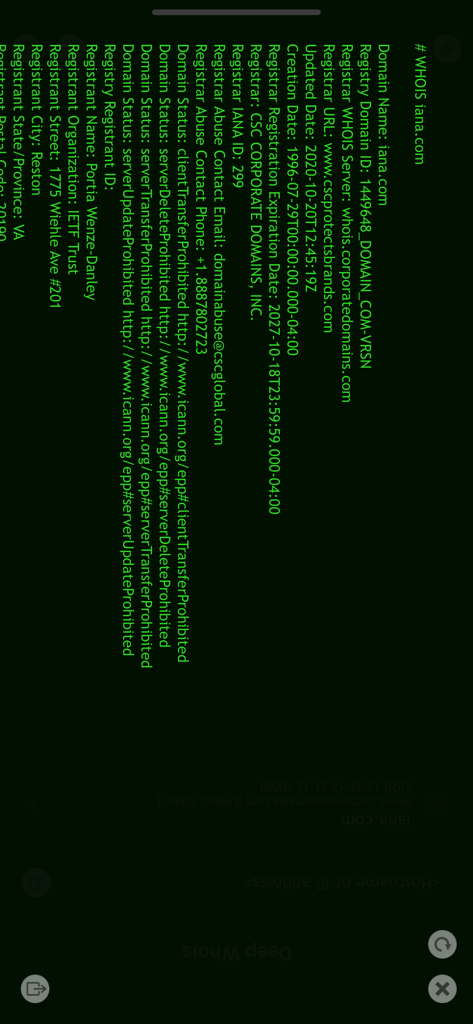 Deep Whois - Deep Whois mobile app displaying a domain registration record for iana.com with green terminal style text