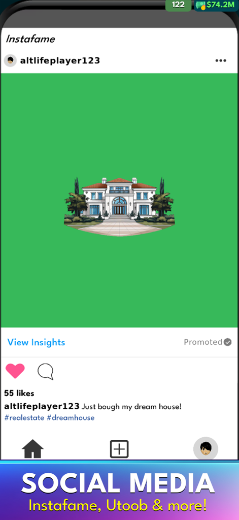 AltLife - Life Simulator - Une capture d'écran du jeu AltLife montrant la publication de la maison de rêve d'un joueur sur la plateforme de médias sociaux Instafame
