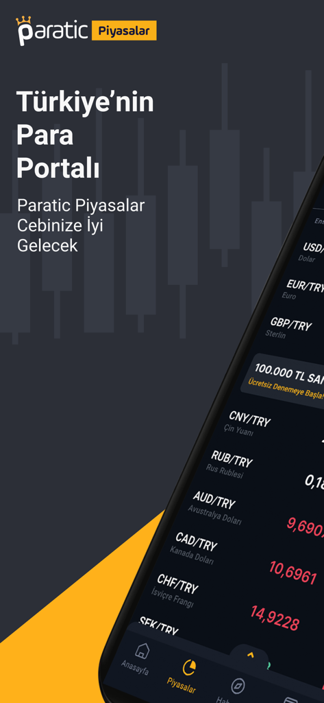 Paratic Piyasalar mobile app screen displaying live currency rates and financial market data