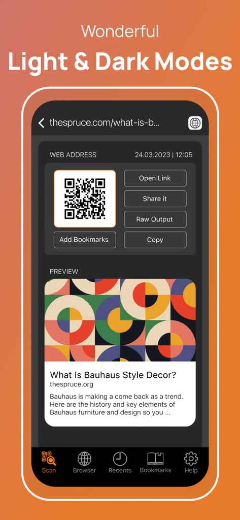 قارئ الباركود - Barcode reader - Barcode reader app interface in dark mode displaying a scanned QR code result and web preview.