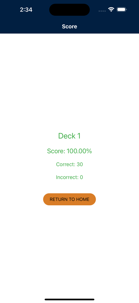 Pantalla de resultados para la aplicación CCM Glossary mostrando resultados perfectos para el Mazo 1