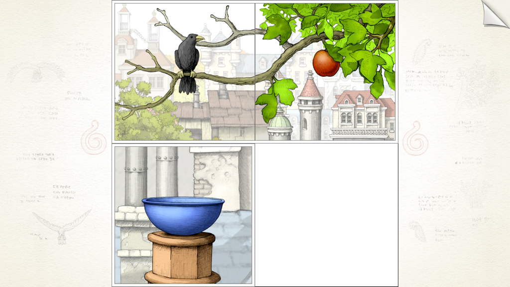 Gorogoa - Hand-drawn illustration panels from Gorogoa featuring a bird on a branch and a blue bowl
