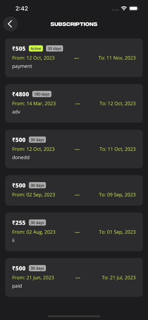 stamm.fit: For Gyms & Clients - Una lista de suscripciones de membresía de gimnasio y registros de pago dentro de la aplicación móvil stamm fit