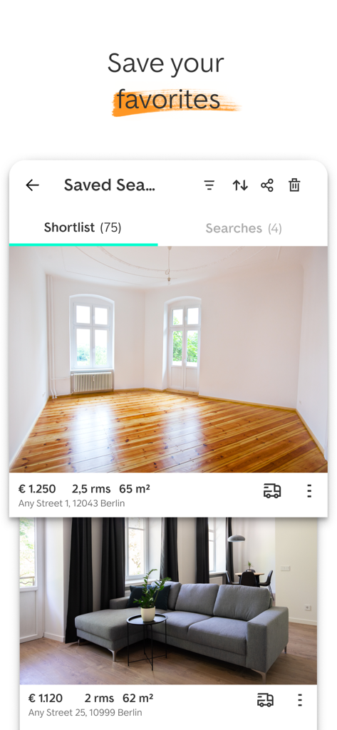ImmoScout24 app interface showing a shortlist of saved apartment listings in Berlin