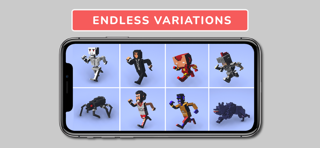 Animatoon Pro - Grid of diverse 3D voxel characters including a knight and a skeleton in Animatoon Pro
