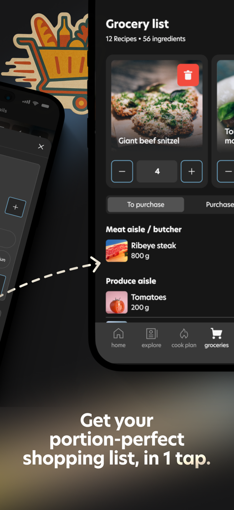 FoodFix app grocery list screen organized by supermarket aisles