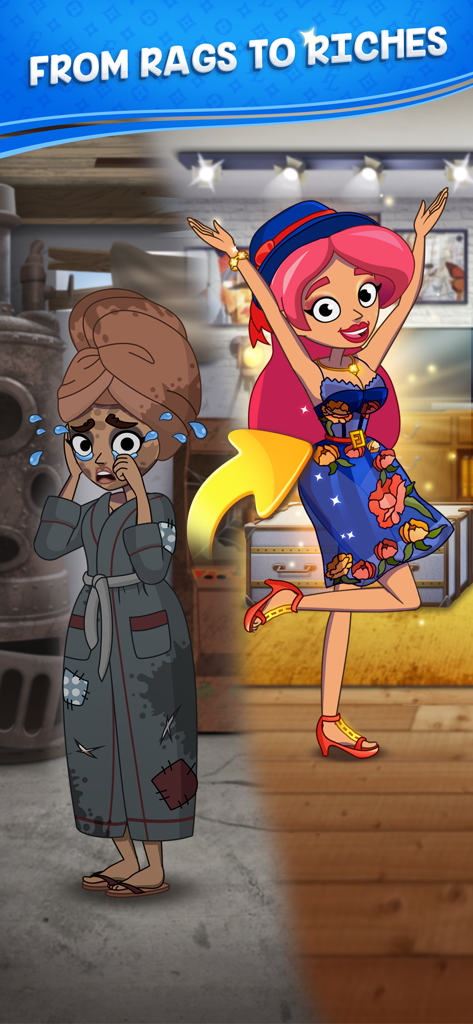 Jess' Stories - Life Adventure - A character makeover in Jess' Stories showing a transformation from rags to riches.