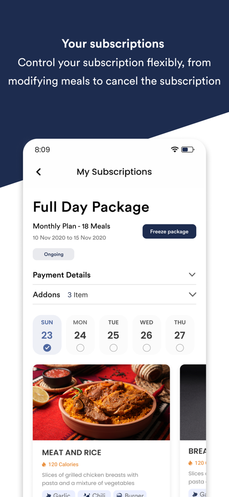 Golyv - جولايڤ - Golyv app subscription management screen showing a monthly meal plan and a healthy meat and rice dish