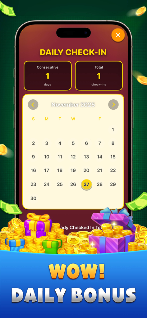 Bingo Ouro daily check in calendar showing coins and gift rewards
