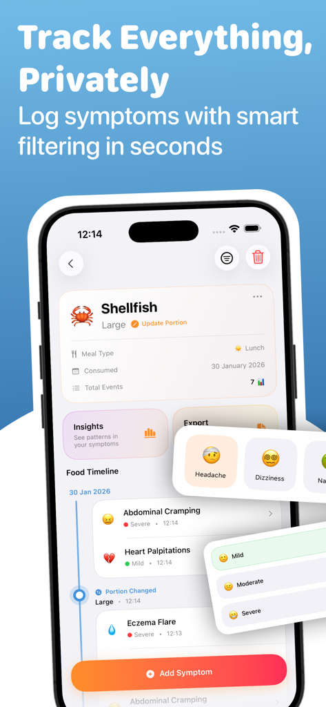 Food Diary: Symptom Tracker - Pantalla de smartphone de la aplicación Diario de Alimentos que muestra el registro de alimentos y la línea de tiempo de síntomas