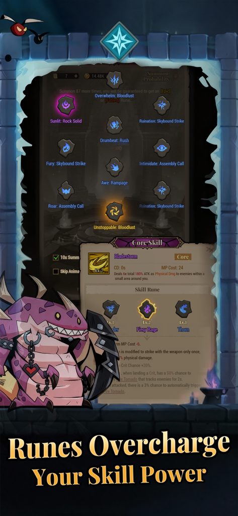 Lootfiend Idle Dungeons game screen showing the rune system and skill power upgrades