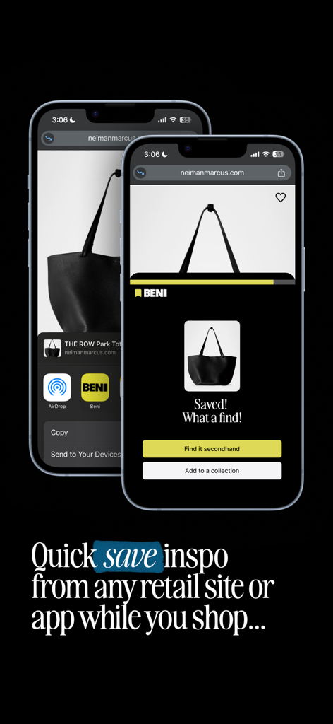 Two iPhones showing the Beni app share extension being used to save a retail bag and search for secondhand alternatives.