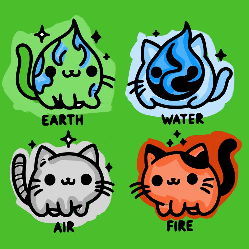 4 cats that represent the different elements, earth, water, air, and fire
