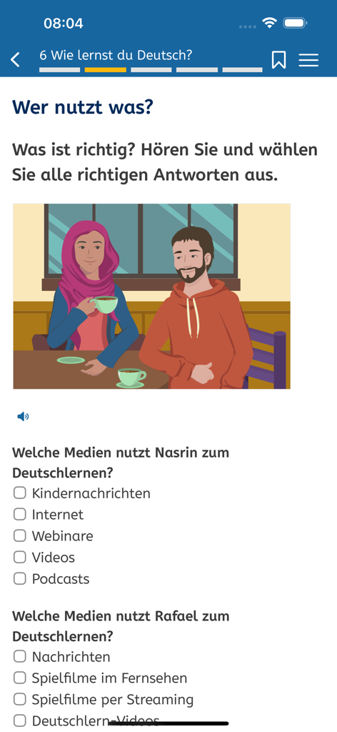 B1-Deutsch - Interface of B1-Deutsch app showing a listening comprehension task with multiple choice questions and an illustration of two people in a cafe
