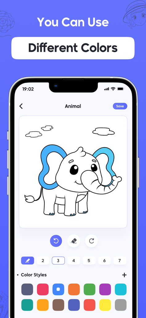 AR Sketch - Trace Anything - AR 스케치 앱의 인터페이스가 다양한 색상 옵션으로 만화 코끼리가 색칠되는 것을 보여줍니다.