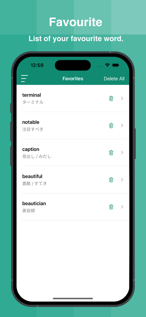 Japanese Dictionary Offline - A screenshot of the Favorites screen in the Japanese Dictionary Offline app displaying a list of saved vocabulary words and their Japanese translations.