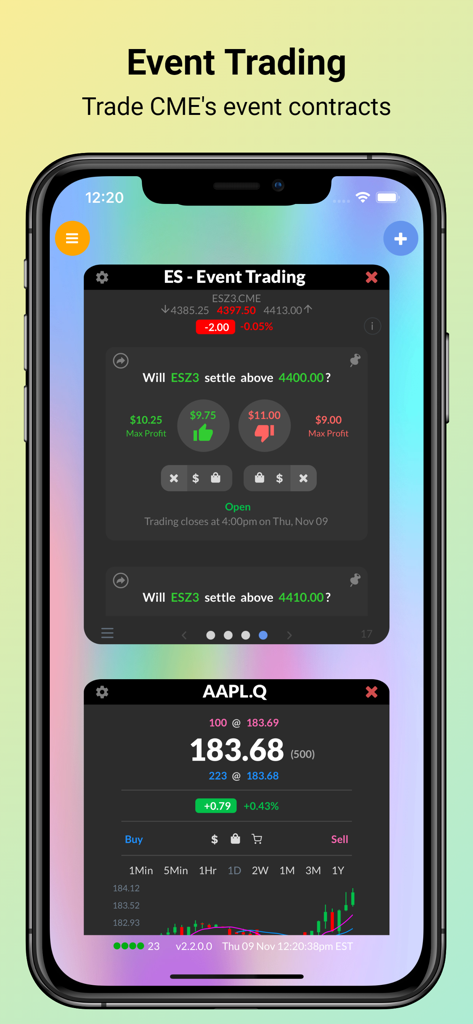 Rithmic Trader Pro™ - Rithmic Trader Pro mobile interface showing CME event trading and stock market data