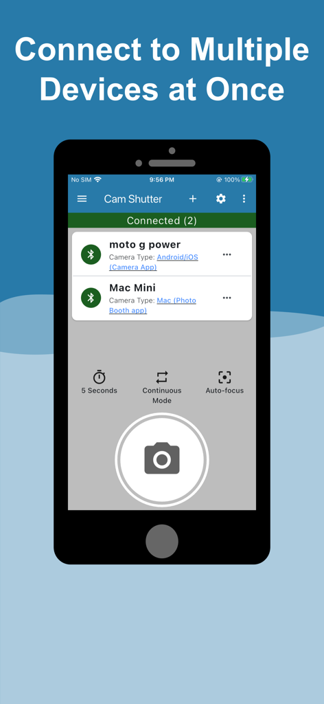 Cam Shutter - Cam Shutter app interface showing multiple devices connected for remote camera control