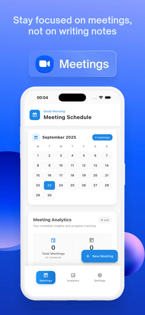 Zooms Meeting Workplaces - Interface of the Zooms Meeting Workplaces app displaying a meeting schedule calendar and analytics dashboard on an iPhone