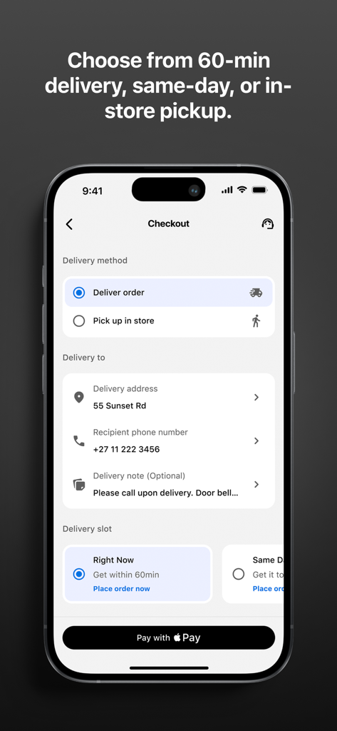 iStore app checkout screen showing 60-minute delivery and Apple Pay payment options