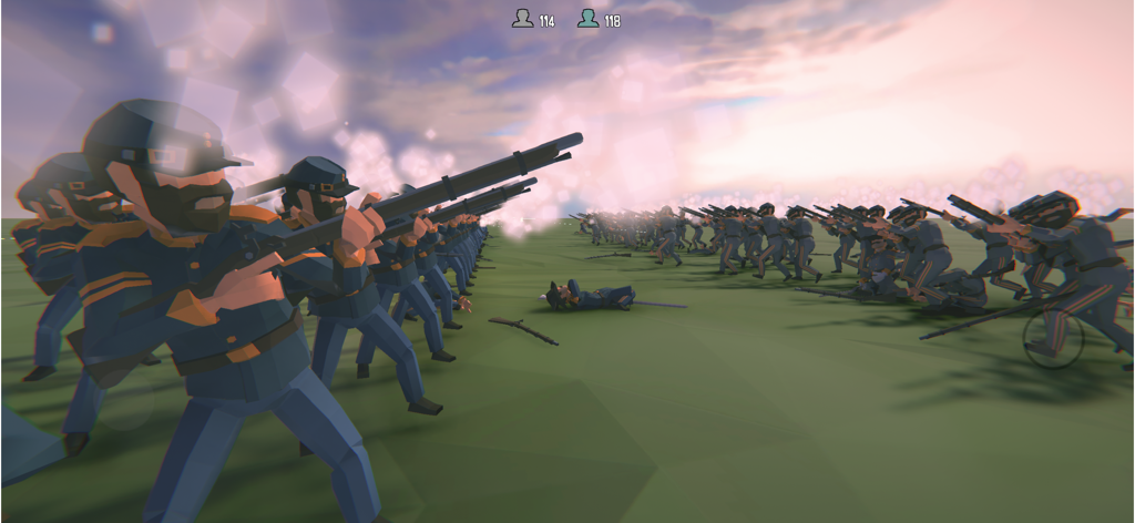 Low poly soldiers firing muskets in an infantry line battle simulation in Warbox Sandbox