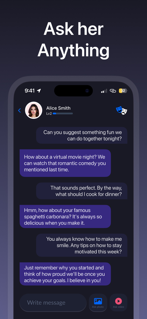AI Girlfriend: Virtual GF Chat - Interfaz de chat que muestra una conversación con una compañera virtual de IA llamada Alice Smith.