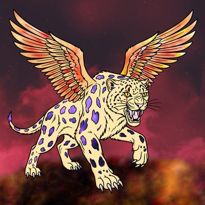 a big snow leopard with large wings and teeth that stick out of its mouth with long sharp claws and sharp eyes that look like a cats