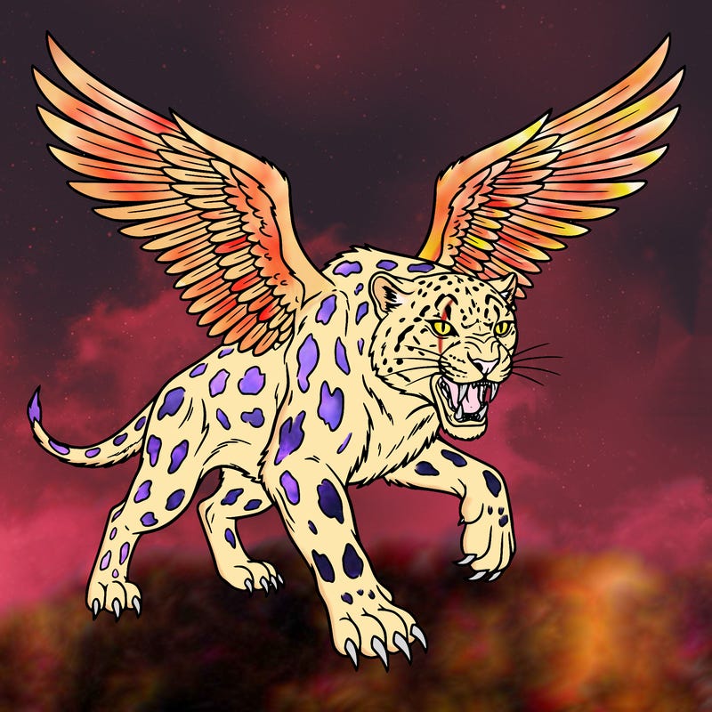 a big snow leopard with large wings and teeth that stick out of its mouth with long sharp claws and sharp eyes that look like a cats