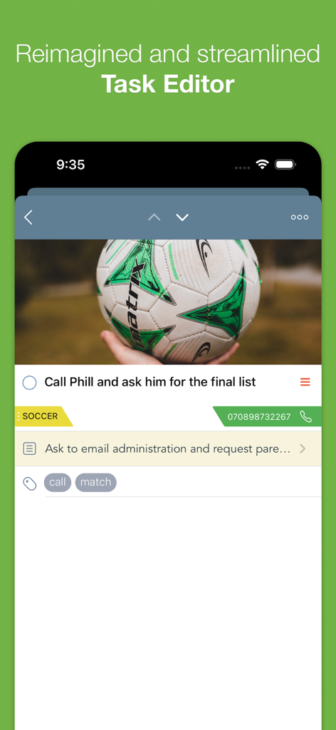 2Do - Todo List, Tasks & Notes - Interface of the 2Do app task editor showing a task with an attached image tags and contact details
