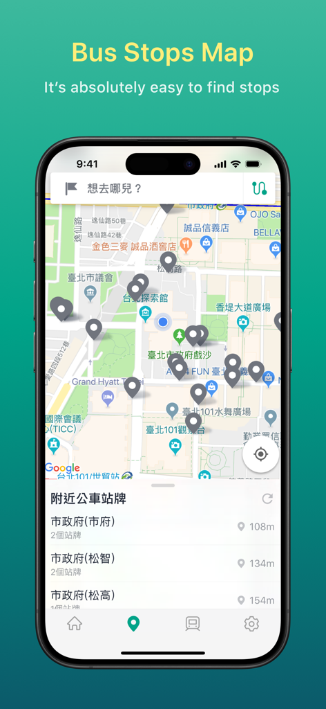 Bus+ (Bus & Railway & Ubike) - Bus Plus App-Oberfläche mit einer Karte von nahegelegenen Bushaltestellen und Nahverkehrsoptionen in Taiwan