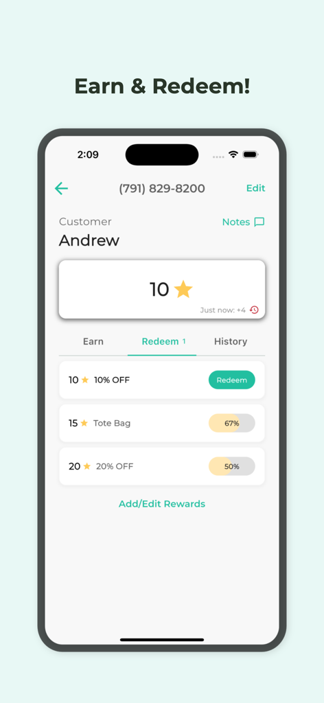 Snap Loyalty App-Oberfläche, die den Punktestand eines Kunden und die verfügbaren Belohnungsoptionen zur Einlösung anzeigt