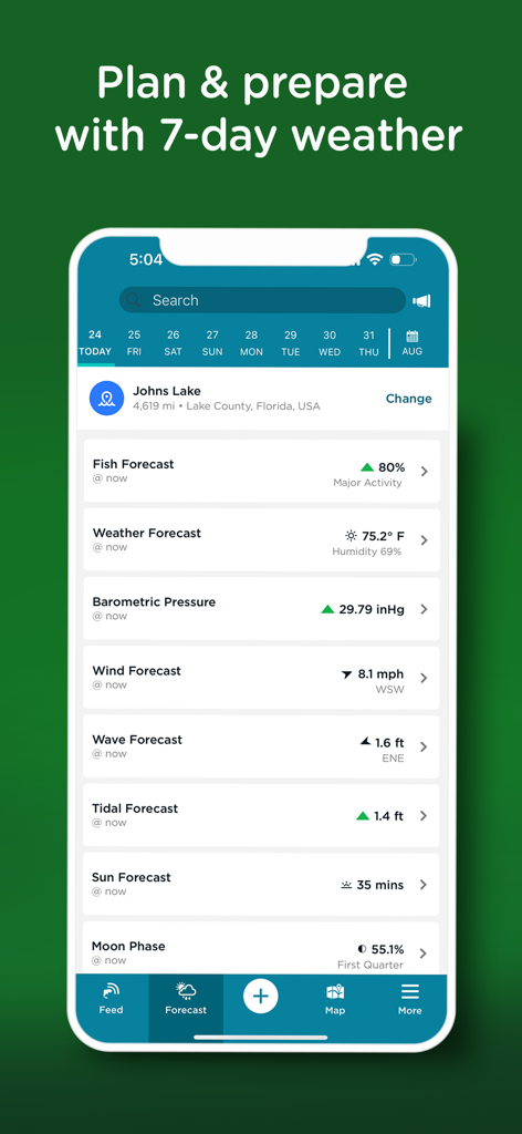 Fishing Spots - Fish Maps - Bildschirm der Angelplätze-App, der eine detaillierte 7-Tage-Angelvorhersage mit Wetter, barometrischem Druck, Wind und Gezeitendaten für Johns Lake zeigt