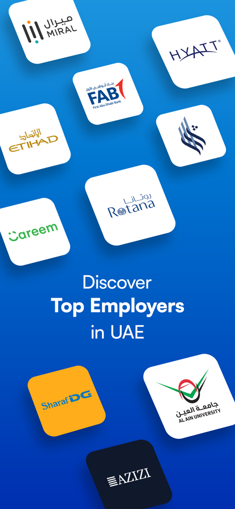 Naukrigulf Job Search App - Naukrigulf 채용 정보 앱에서 Etihad, Hyatt, Careem을 포함한 UAE의 최고 고용주 로고 쇼케이스