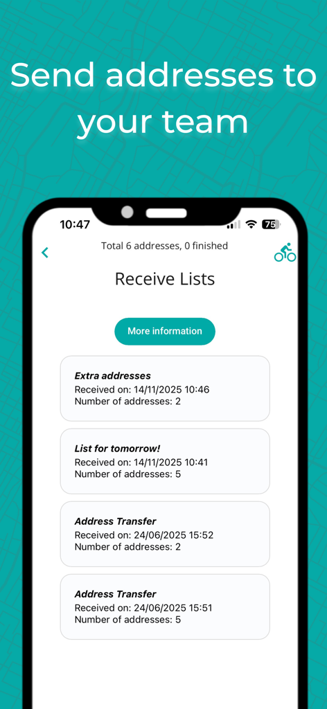 IBI - Optimal route planner - IBI app interface showing received address lists for team route coordination