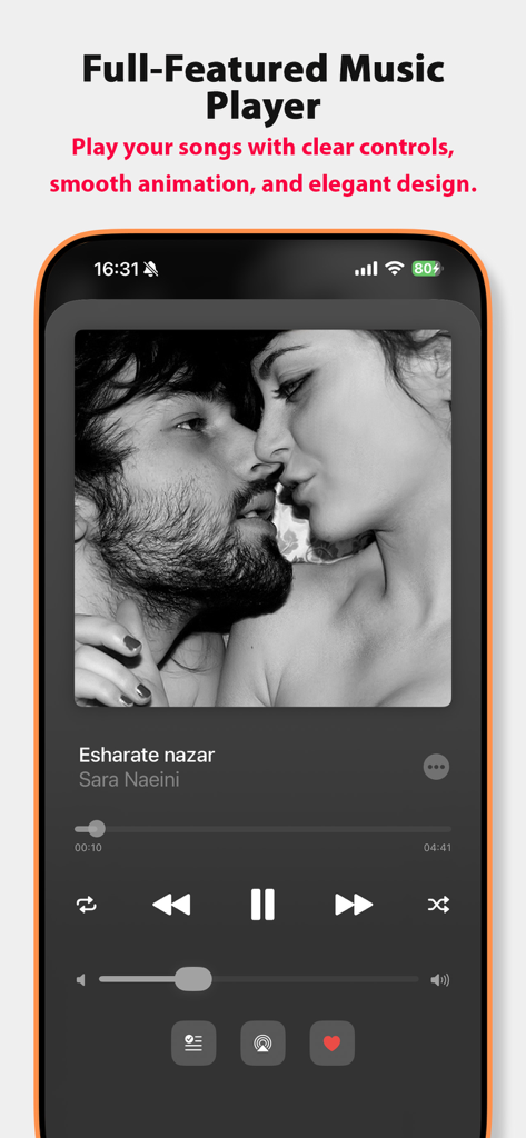Music IR app full featured music player interface showing playback controls and album art