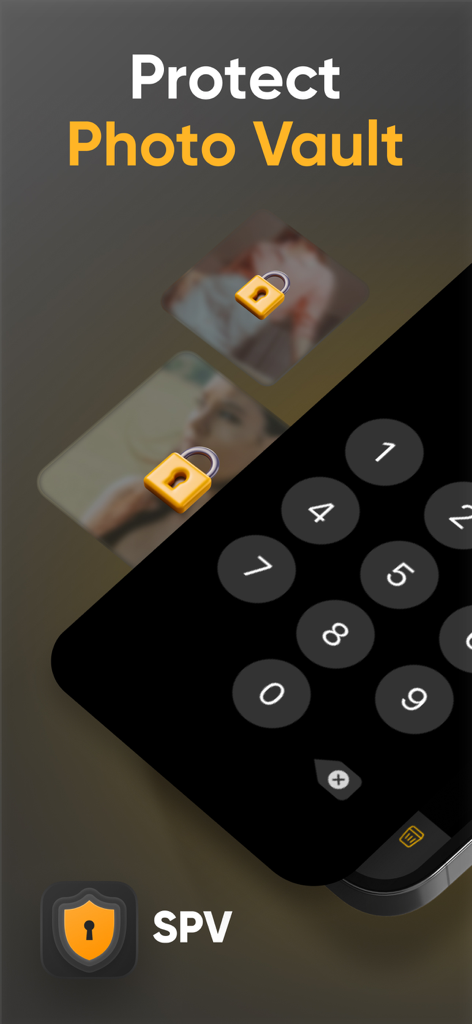 SPV Photo Vault app screen showing PIN code entry to unlock protected photos