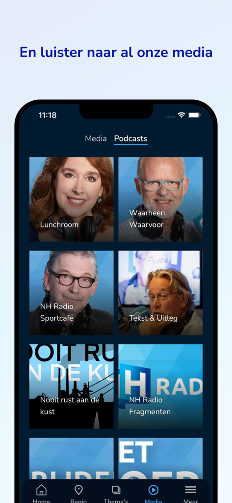NH Nieuws - The NH Nieuws mobile app interface displaying a grid of local podcasts with photos of hosts and program titles like Lunchroom and NH Radio Sportcafe.