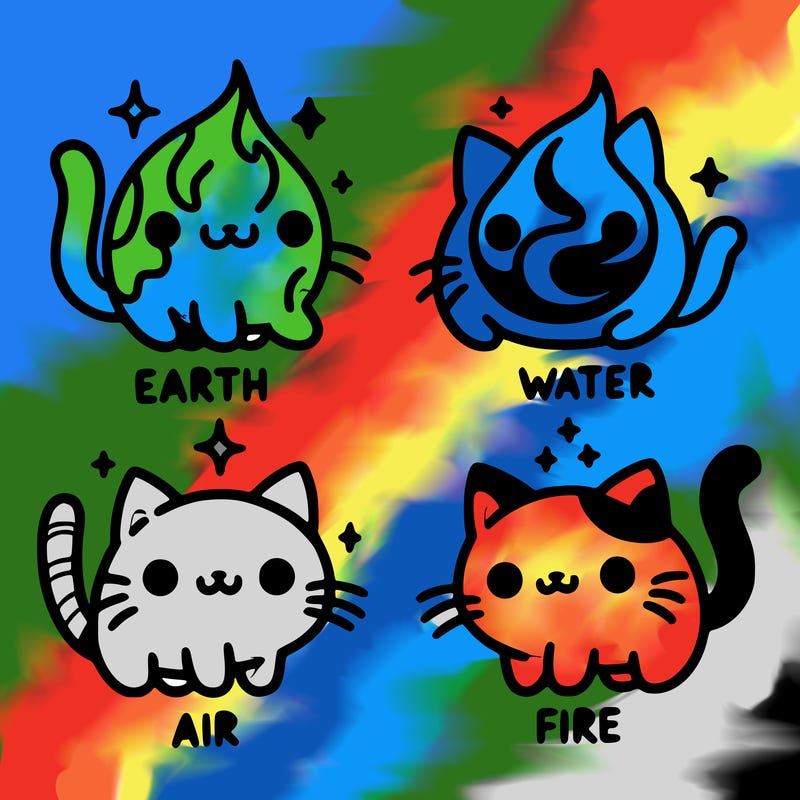 4 cats that represent the different elements, earth, water, air, and fire